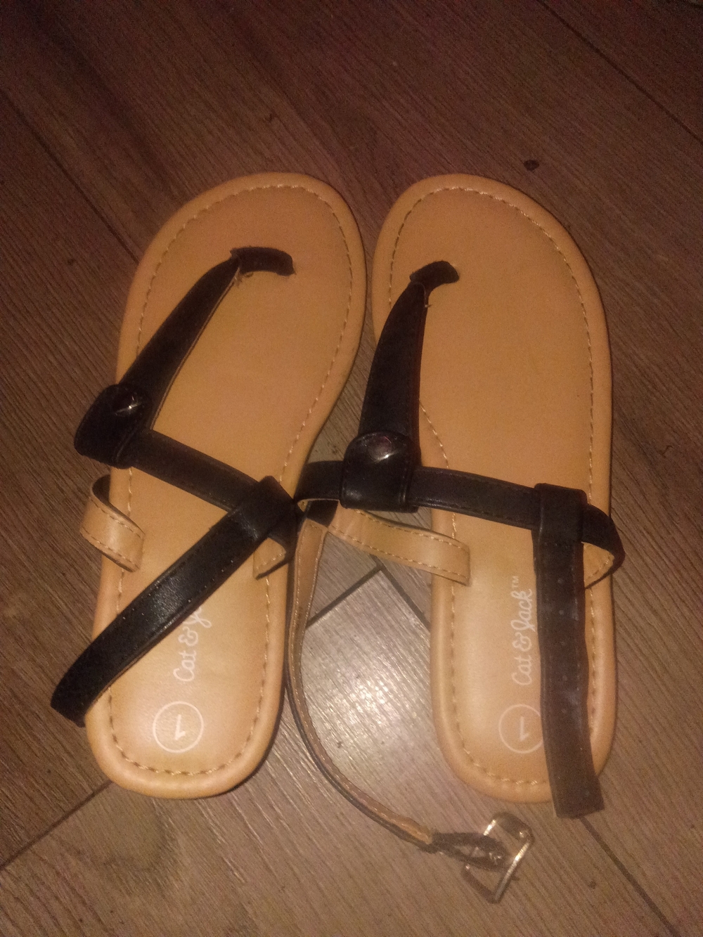 Cat & Jack Tan Footbed Black Strap Sandals